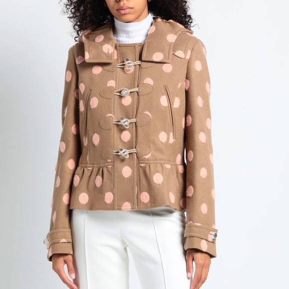 BNWT Rochas Hooded Wool Cashmere Jacket Beige with Pink Dots 6US